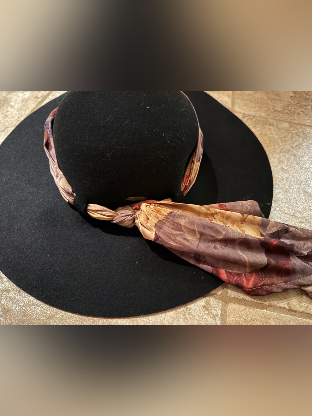 Black Wide-Brim Hat with Floral Scarf Accent Fedora Hat
